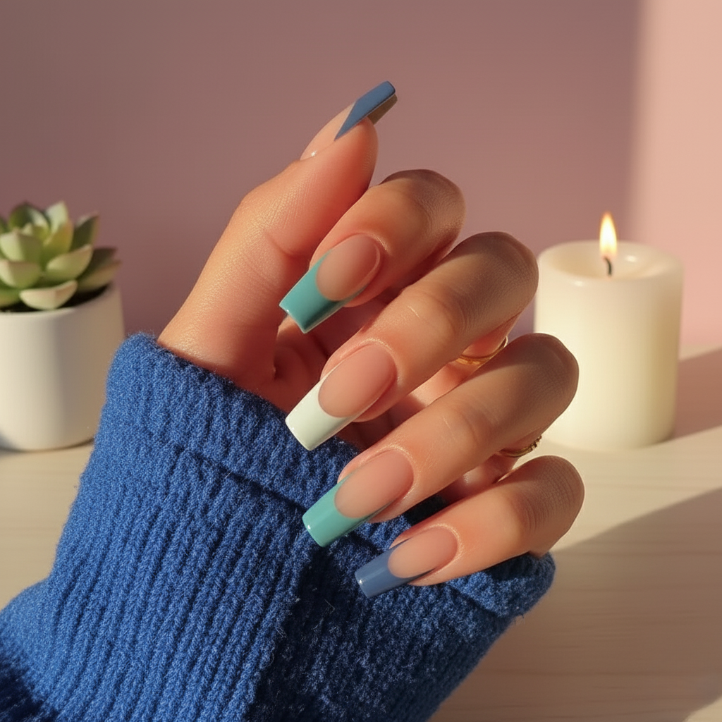 Blue French Tips - Medium Square - Press on Nails