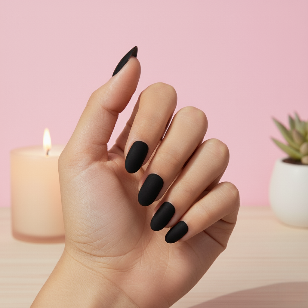 Midnight Mystery | Matte Black Medium Round Press-On Nails