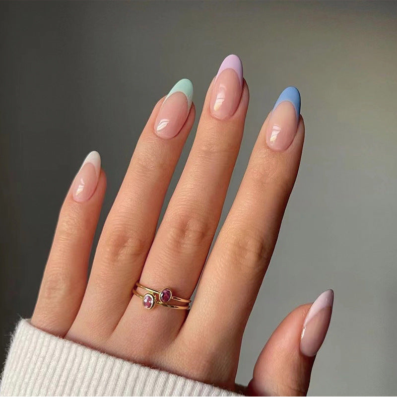 Spring, French Tips with Nail Glue + Nail Glue Sticker | Medium, Almond Press-On Nails