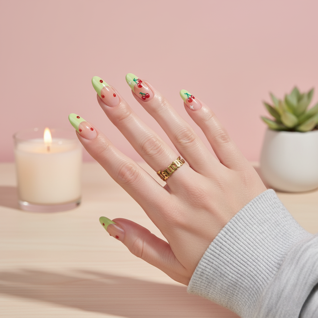 French Lime Cherries - Long Almond - Press on Nails