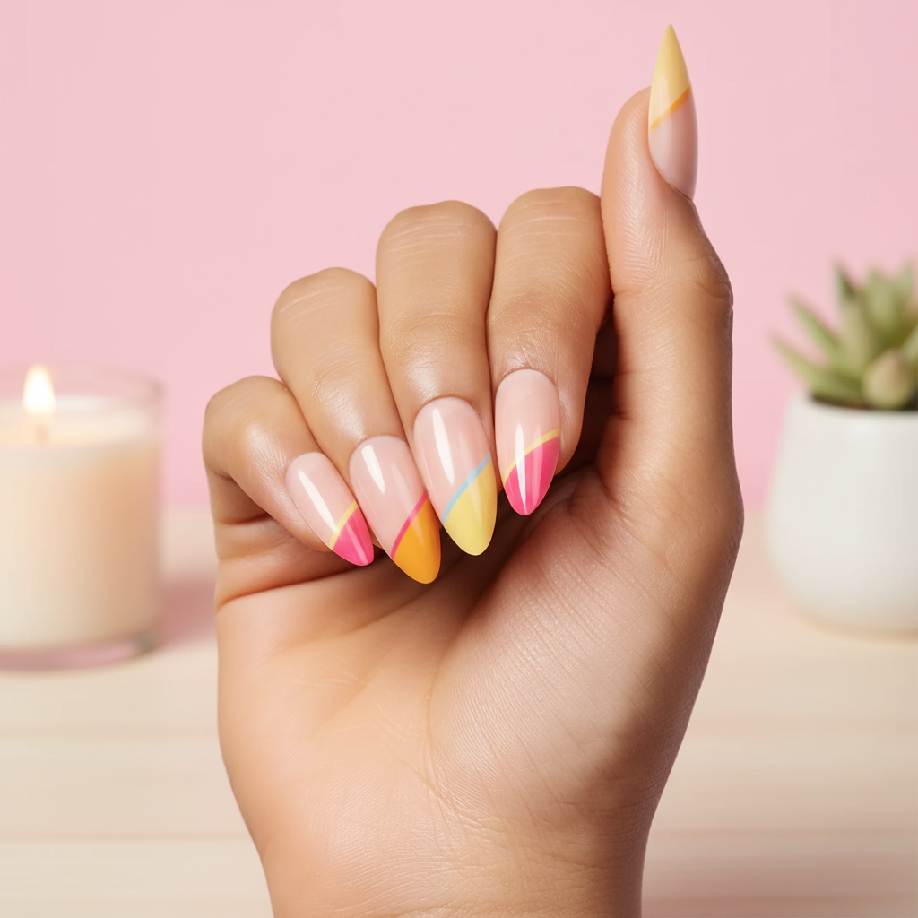 Spring, French Tips with Nail Glue + Nail Glue Sticker | Medium, Almond Press-On Nails