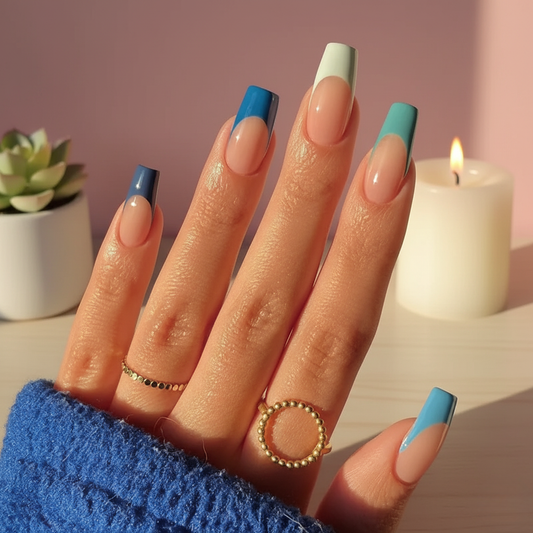 Blue French Tips - Medium Square - Press on Nails