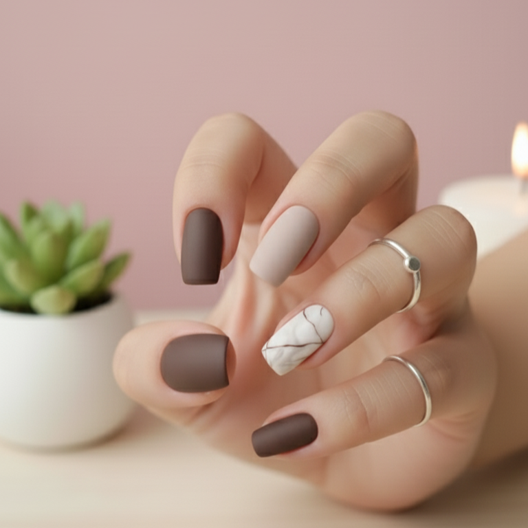 Mocha Marble | Matte Square Neutral Press on Nails
