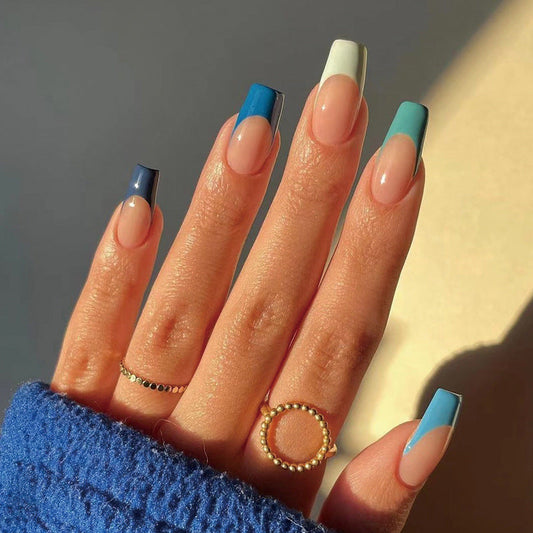 Blue French Tips - Medium Square - Press on Nails