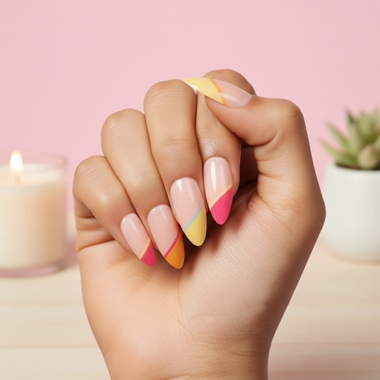 Spring, French Tips with Nail Glue + Nail Glue Sticker | Medium, Almond Press-On Nails