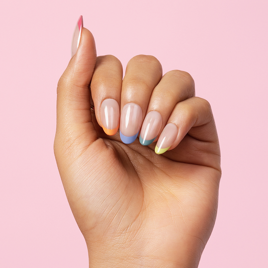 Spring, French Tips with Nail Glue + Nail Glue Sticker | Medium, Almond Press-On Nails