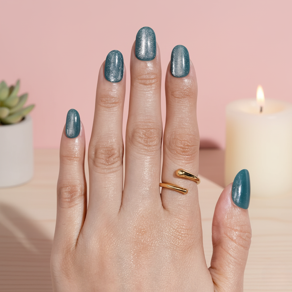 Cosmo Blue | Long Round Metallic Teal Press-On Nails