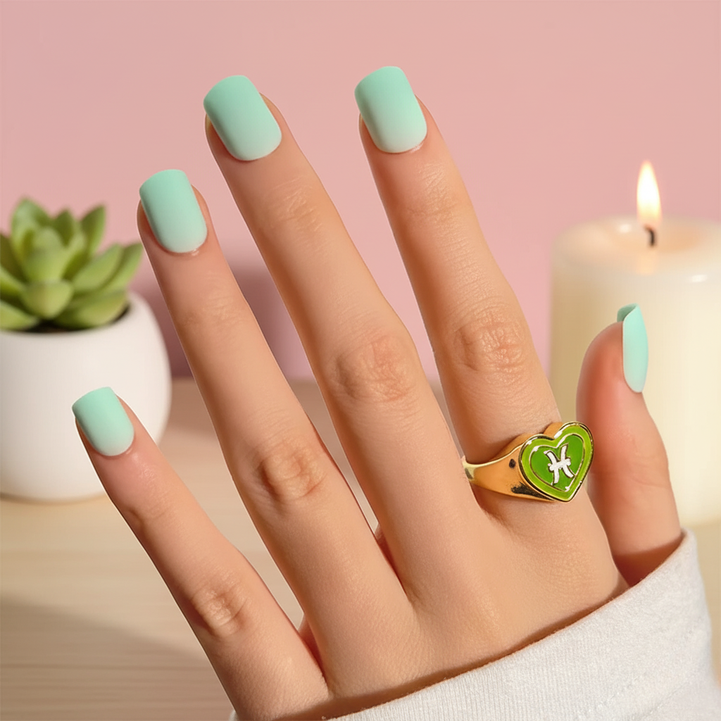 Green Glow Matte with Nail Glue + Nail Glue Sticker | Short, Square Press-On Nails