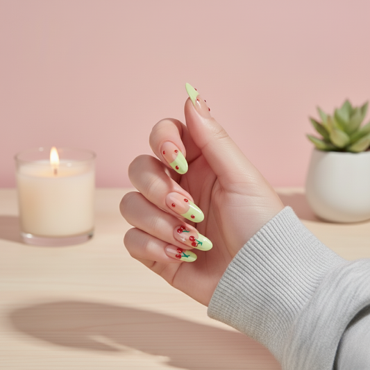 French Lime Cherries - Long Almond - Press on Nails