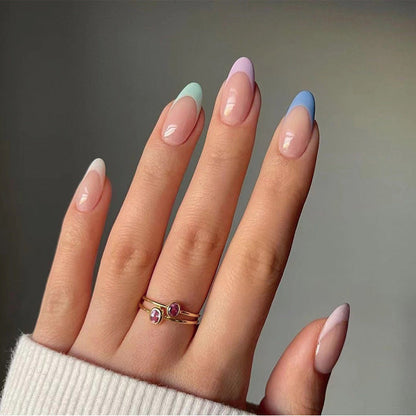 Spring, French Tips with Nail Glue + Nail Glue Sticker | Medium, Almond Press-On Nails