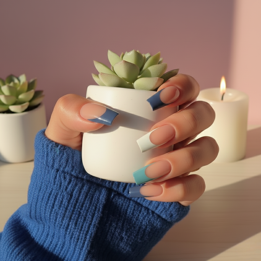 Blue French Tips - Medium Square - Press on Nails