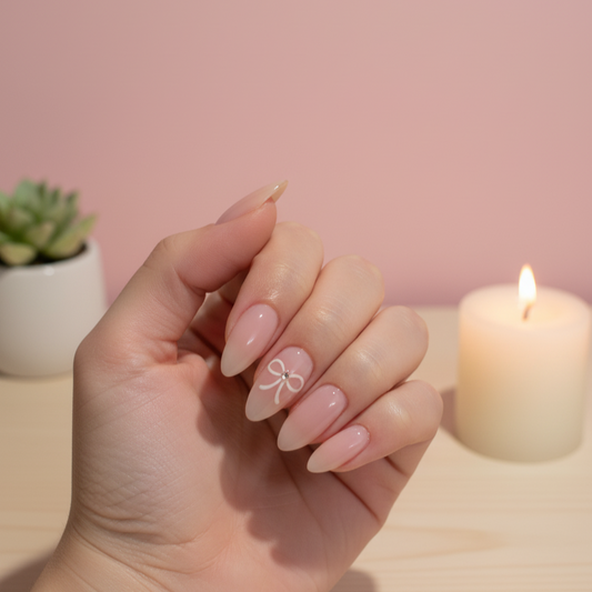 Flirty Bow | Glossy Almond Pink  Press on Nails